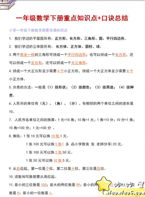 一年级数学（下册）重点知识梳理：含知识记忆口诀，方便孩子背诵图片 No.1